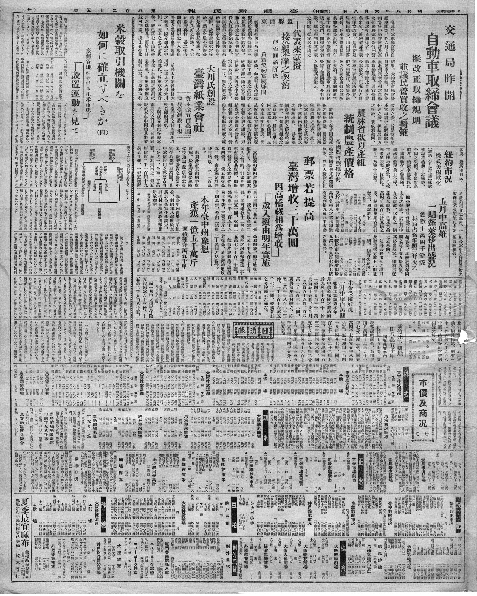 農林省欲以產組 統制農產價格