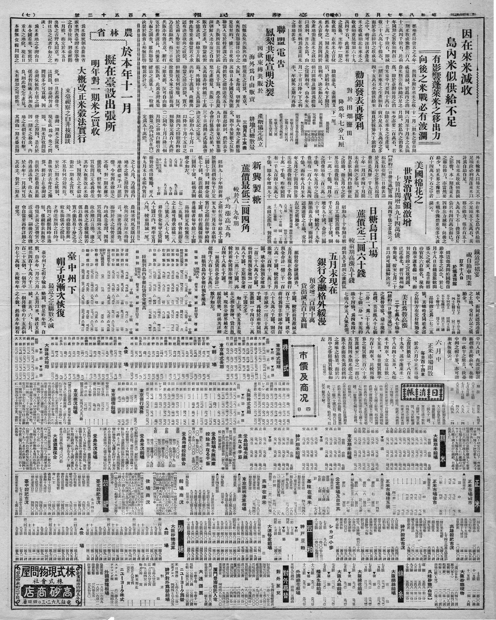 農林省於本年十一月擬在臺設出張所明年對一期米之買收大概改正米穀法實行